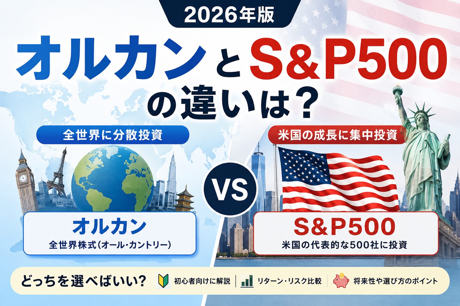 オルカンとS&P500の記事を紹介する画像です。