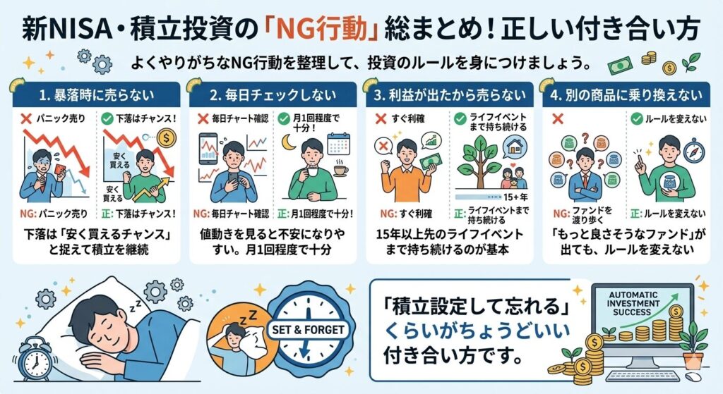 新NISAと積立投資でやりがちなNG行動4つ（パニック売り・毎日チェック・すぐ利確・乗り換え）と正しい付き合い方をまとめた図解