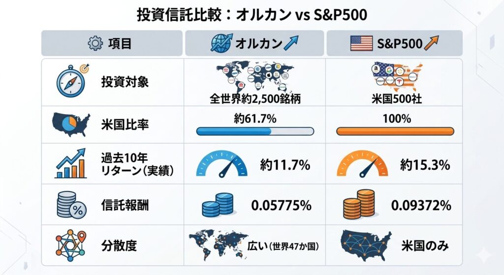 オルカンとS&P500の投資対象・米国比率・過去10年リターン・信託報酬・分散度を比較したインフォグラフィック