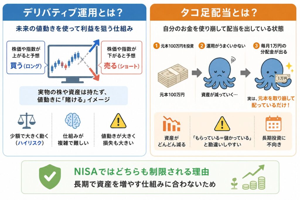 デリバティブ運用とタコ足配当の違いを図解したインフォグラフィック｜NISAで制限される理由